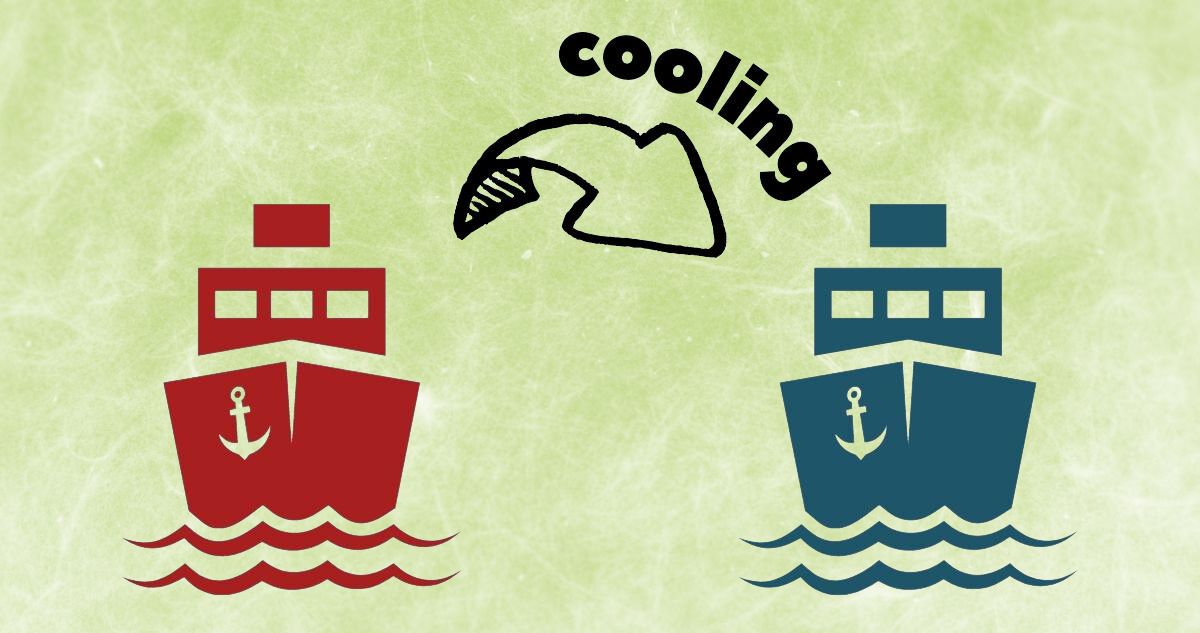 A graphic image with red ship on left, blue ship on right and an arrow in the middle of two ship with the term cooling on top of it