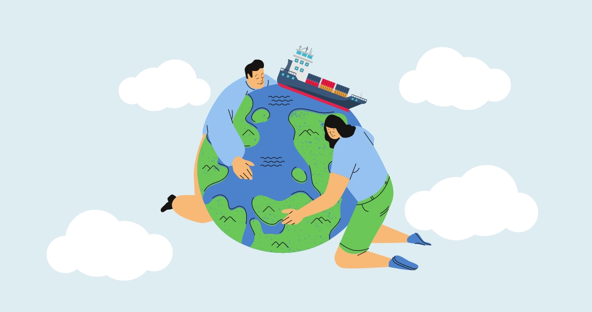 A man and a woman is hugging the Earth with a ship on it