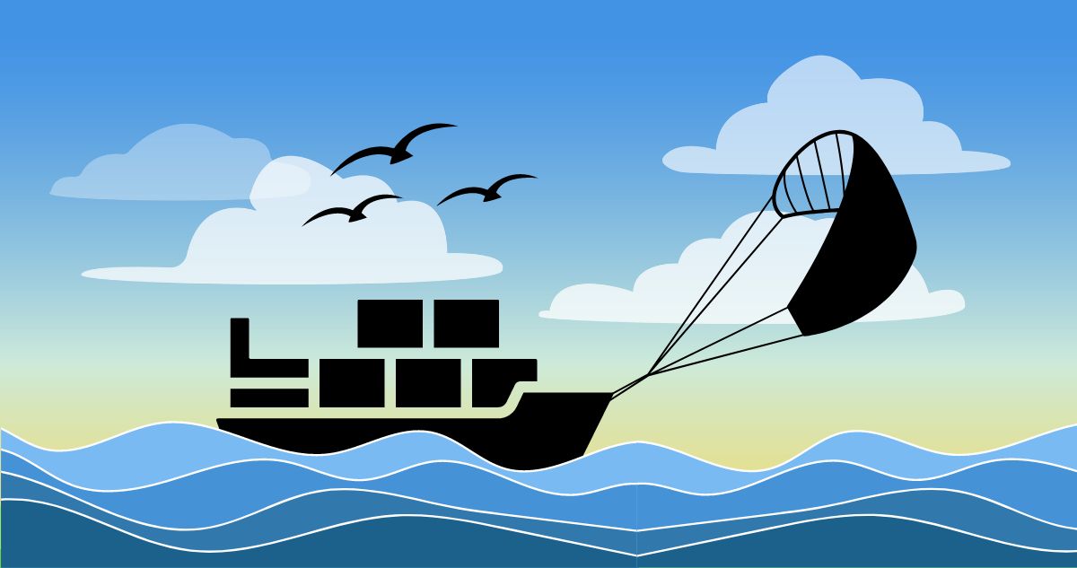 A graphic that show a ship pull by a kite while sailing at sea.